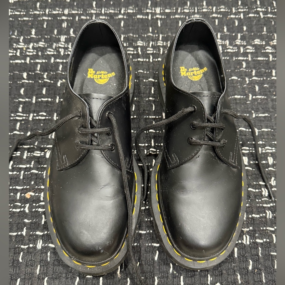 Dr. Martens Black Leather Oxfords with Yellow Stitching
